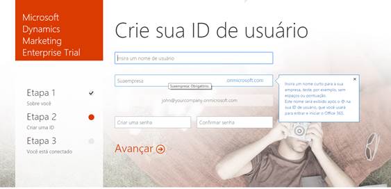 crie sua ID de usuário do Microsoft Dynamics Marketing