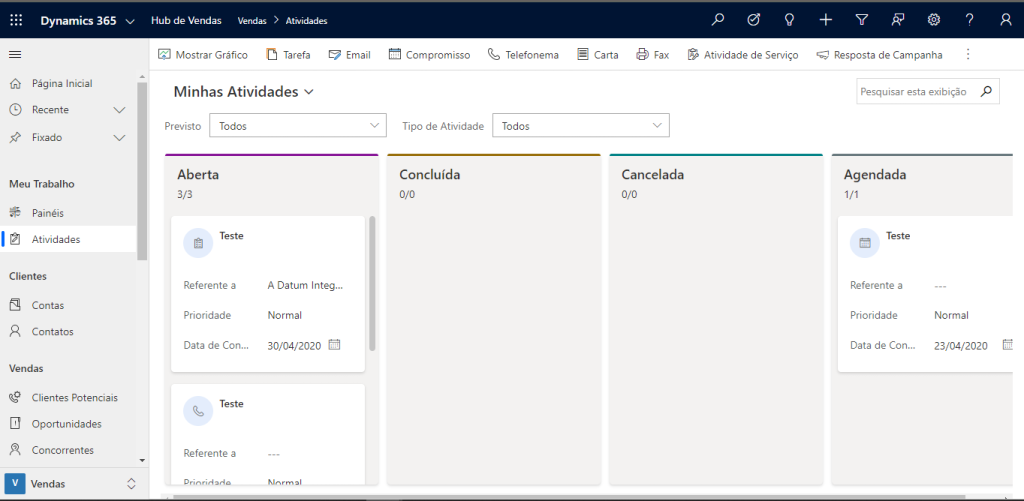 Kanban de atividades do Dynamics 365