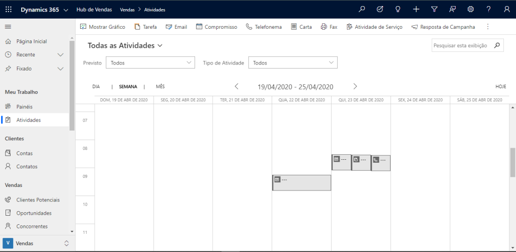 Visualização de Calendário de Atividades do Dynamics 365