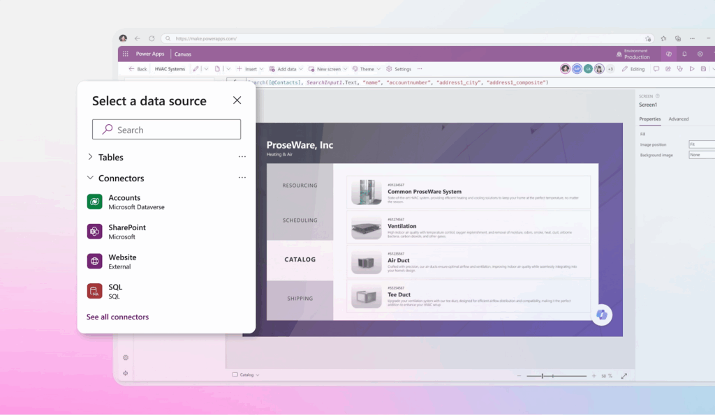 Tela de exemplo da construção de um aplicativo com um pop-up para selecionar a fonte de dados (Dataverse, Sharepoint, Website e SQL)