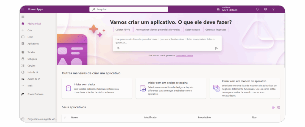 Modelo de interface do Power Apps mostrando sua página inicial e com o menu lateral e botões