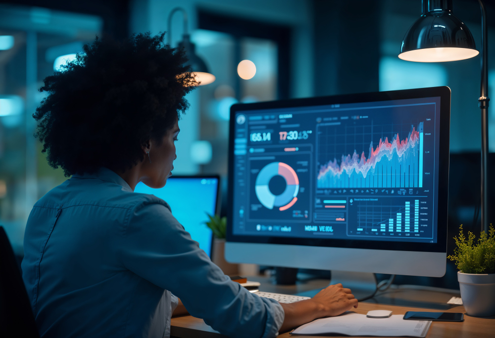 Mulher negra com um computador na frente manipulando dados representando os setores no Brasil que usam o Microsoft Fabric