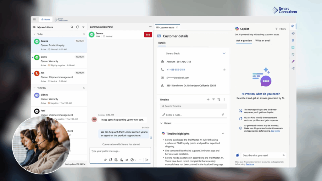 Interface do Dynamics 365 Contact Center com uma pequena imagem de um atendente
